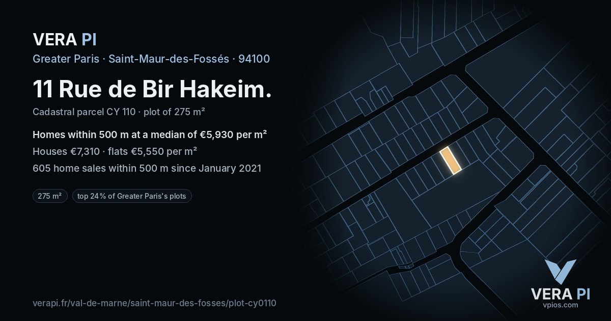 11 Rue de Bir Hakeim, Saint-Maur-des-Fossés at night – the plot lit, the parcels around coloured by the prices near them