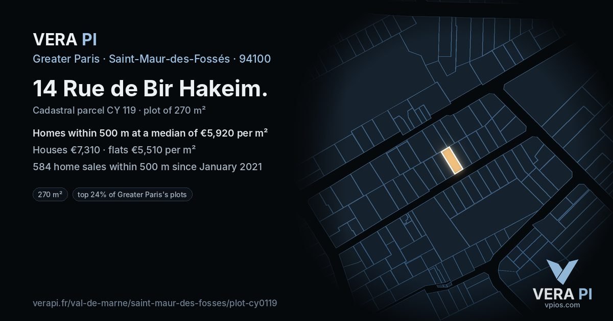 14 Rue de Bir Hakeim, Saint-Maur-des-Fossés at night – the plot lit, the parcels around coloured by the prices near them