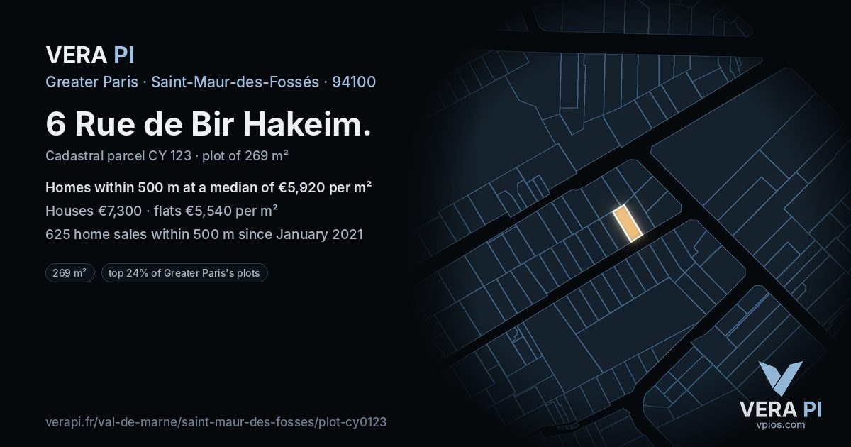 6 Rue de Bir Hakeim, Saint-Maur-des-Fossés at night – the plot lit, the parcels around coloured by the prices near them