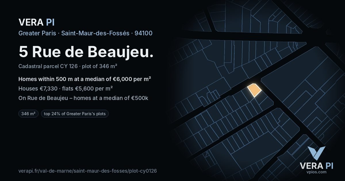 5 Rue de Beaujeu, Saint-Maur-des-Fossés at night – the plot lit, the parcels around coloured by the prices near them