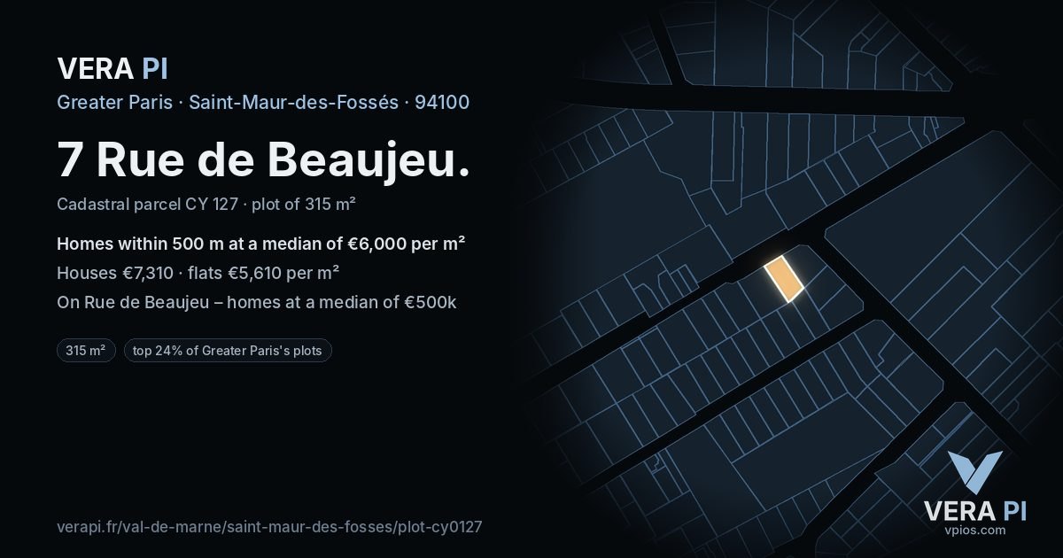 7 Rue de Beaujeu, Saint-Maur-des-Fossés at night – the plot lit, the parcels around coloured by the prices near them