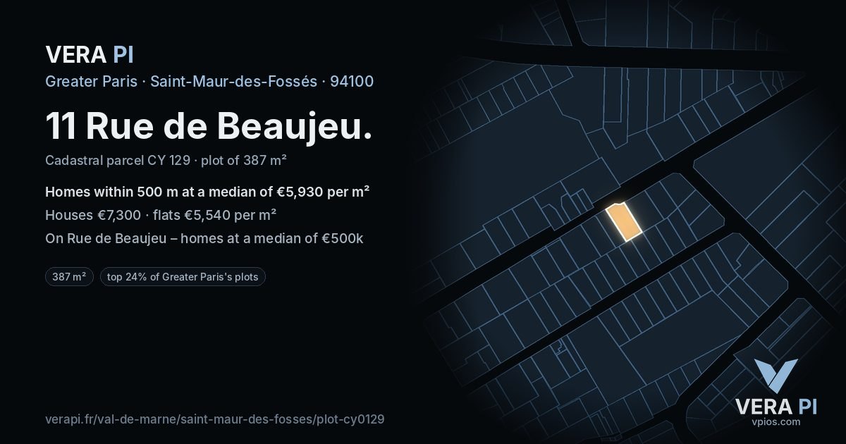 11 Rue de Beaujeu, Saint-Maur-des-Fossés at night – the plot lit, the parcels around coloured by the prices near them