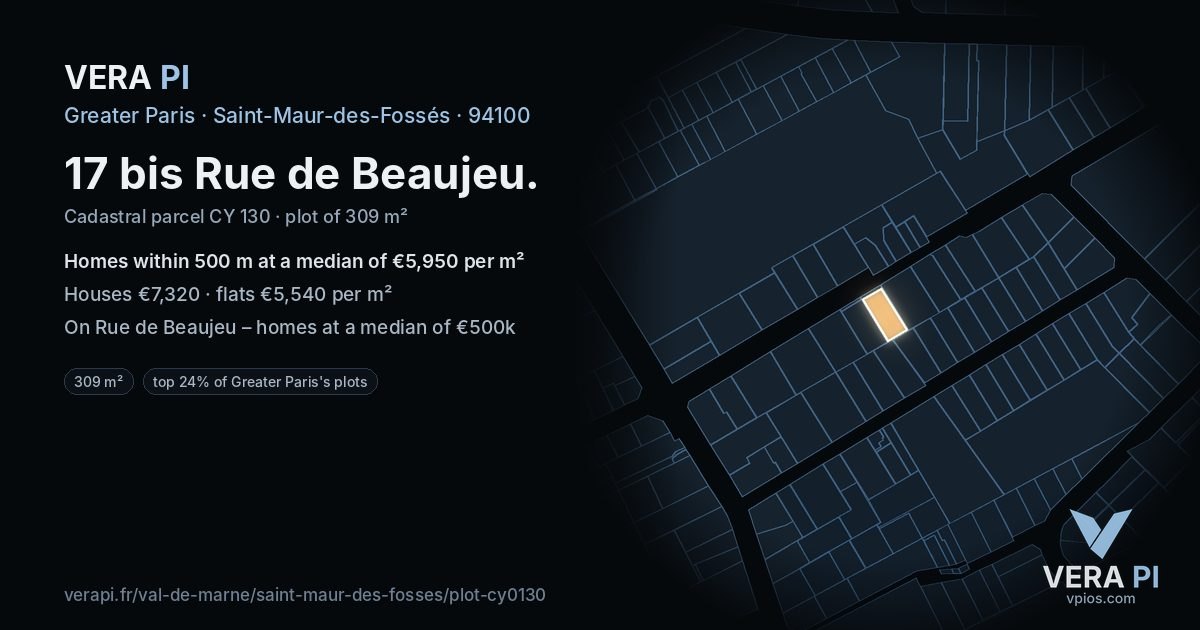 17 bis Rue de Beaujeu, Saint-Maur-des-Fossés at night – the plot lit, the parcels around coloured by the prices near them
