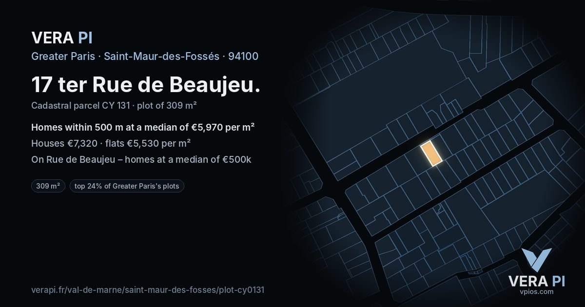 17 ter Rue de Beaujeu, Saint-Maur-des-Fossés at night – the plot lit, the parcels around coloured by the prices near them