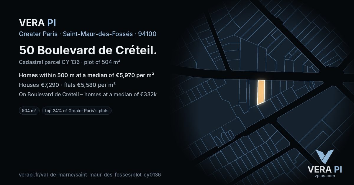 50 Boulevard de Créteil, Saint-Maur-des-Fossés at night – the plot lit, the parcels around coloured by the prices near them