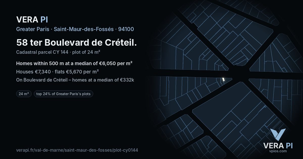 58 ter Boulevard de Créteil, Saint-Maur-des-Fossés at night – the plot lit, the parcels around coloured by the prices near them