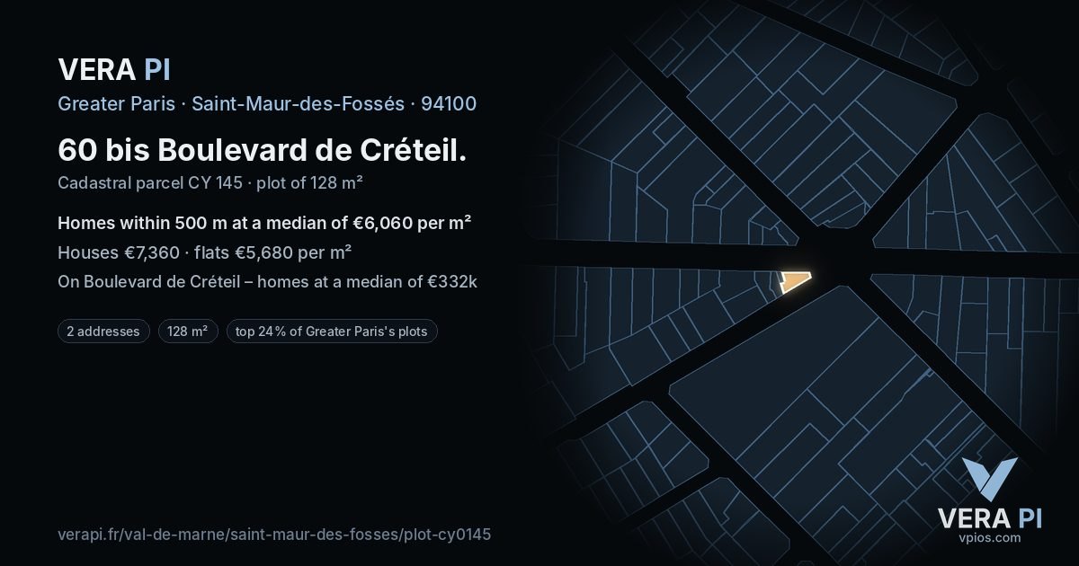 60 bis Boulevard de Créteil, Saint-Maur-des-Fossés at night – the plot lit, the parcels around coloured by the prices near them