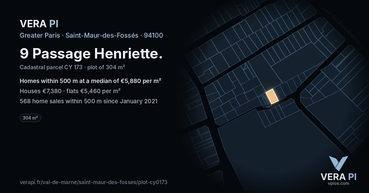 9 Passage Henriette, Saint-Maur-des-Fossés at night – the plot lit, the parcels around coloured by the prices near them