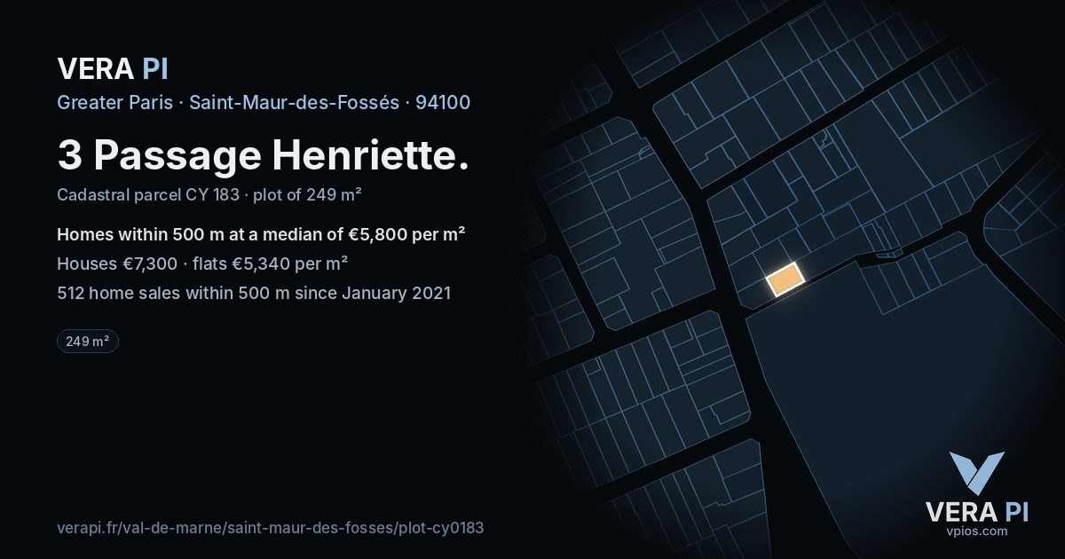 3 Passage Henriette, Saint-Maur-des-Fossés at night – the plot lit, the parcels around coloured by the prices near them