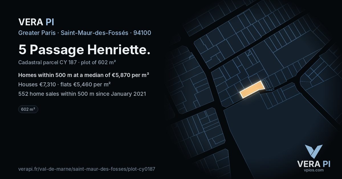 5 Passage Henriette, Saint-Maur-des-Fossés at night – the plot lit, the parcels around coloured by the prices near them