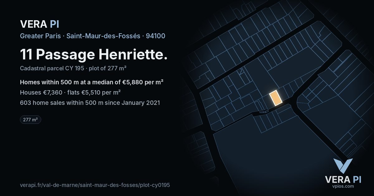 11 Passage Henriette, Saint-Maur-des-Fossés at night – the plot lit, the parcels around coloured by the prices near them
