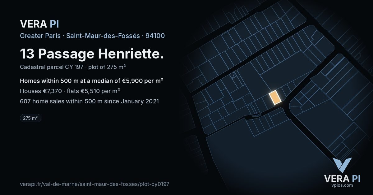 13 Passage Henriette, Saint-Maur-des-Fossés at night – the plot lit, the parcels around coloured by the prices near them