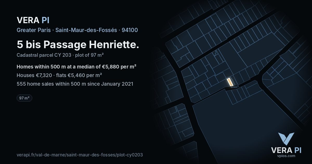 5 bis Passage Henriette, Saint-Maur-des-Fossés at night – the plot lit, the parcels around coloured by the prices near them