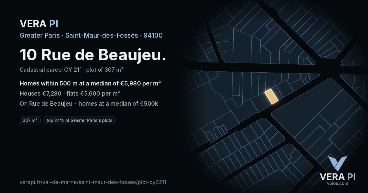 10 Rue de Beaujeu, Saint-Maur-des-Fossés at night – the plot lit, the parcels around coloured by the prices near them