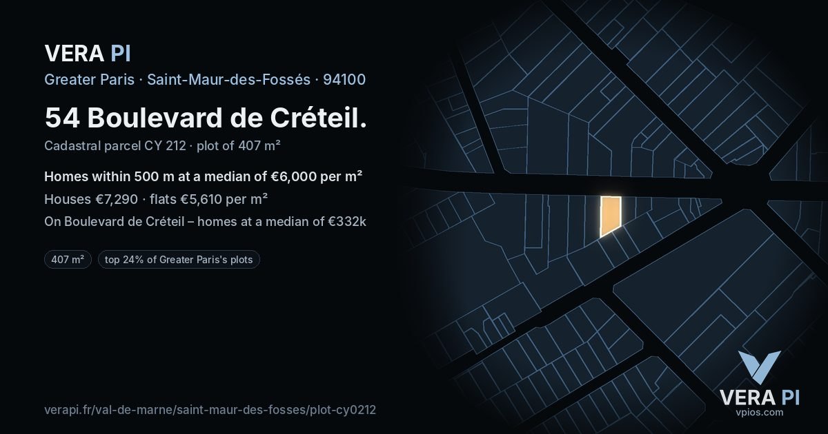 54 Boulevard de Créteil, Saint-Maur-des-Fossés at night – the plot lit, the parcels around coloured by the prices near them