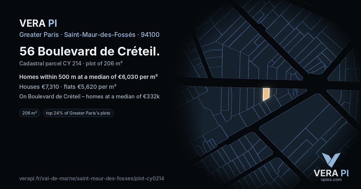 56 Boulevard de Créteil, Saint-Maur-des-Fossés at night – the plot lit, the parcels around coloured by the prices near them