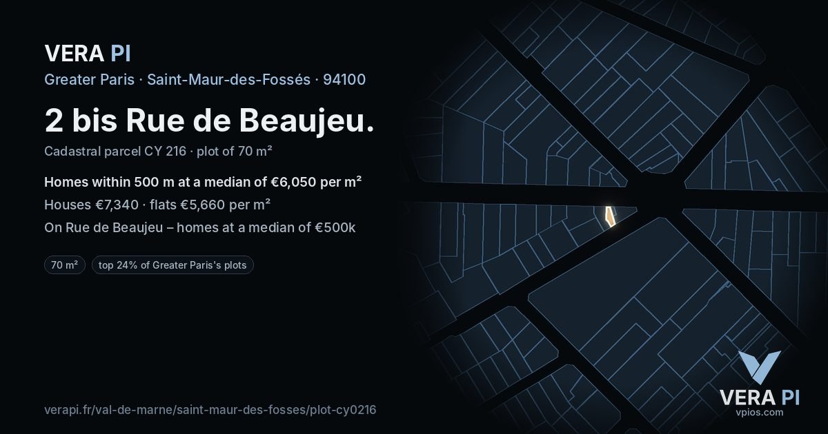 2 bis Rue de Beaujeu, Saint-Maur-des-Fossés at night – the plot lit, the parcels around coloured by the prices near them
