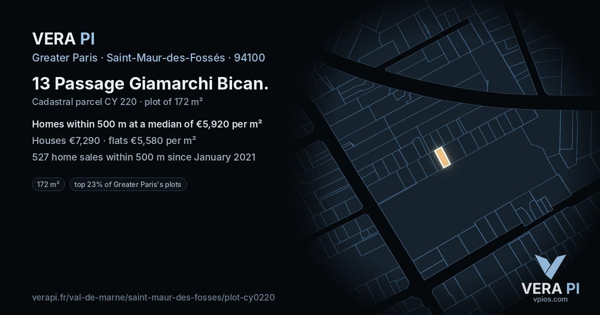 13 Passage Giamarchi Bican, Saint-Maur-des-Fossés at night – the plot lit, the parcels around coloured by the prices near them