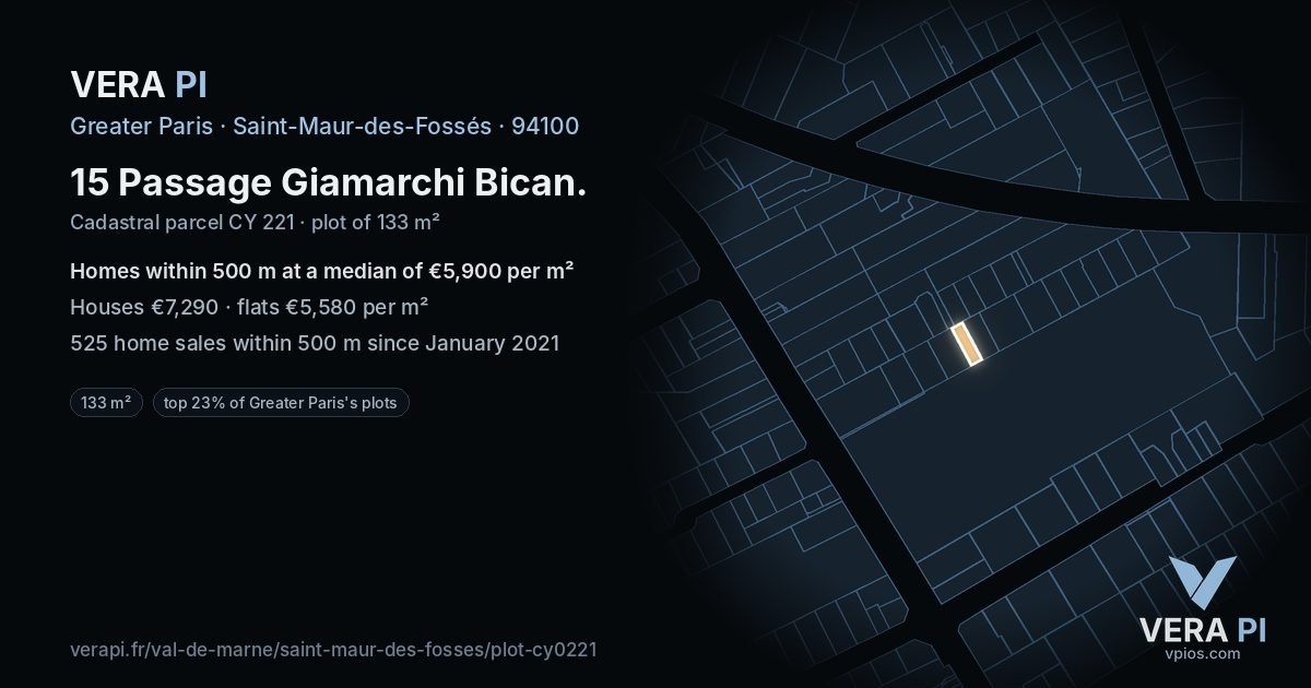 15 Passage Giamarchi Bican, Saint-Maur-des-Fossés at night – the plot lit, the parcels around coloured by the prices near them