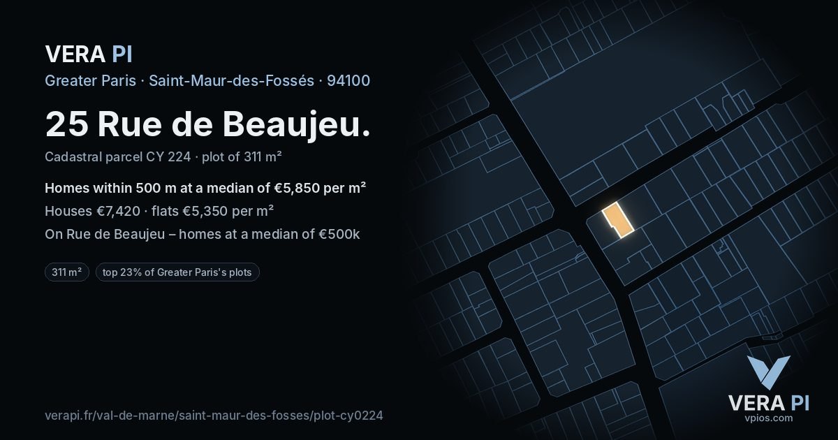 25 Rue de Beaujeu, Saint-Maur-des-Fossés at night – the plot lit, the parcels around coloured by the prices near them