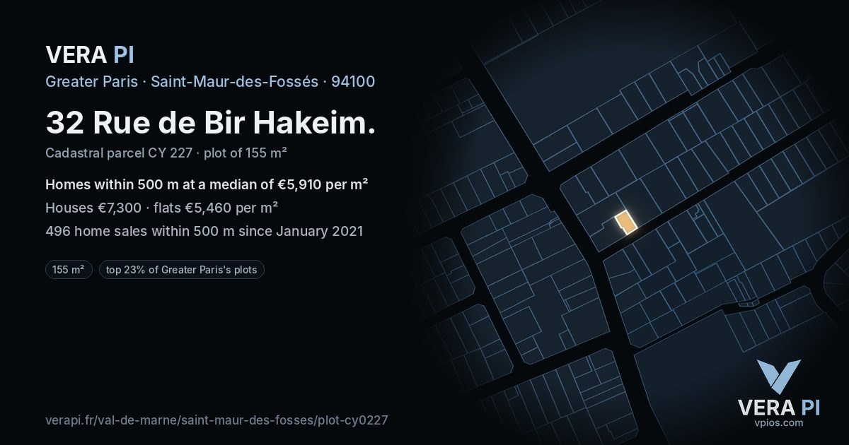 32 Rue de Bir Hakeim, Saint-Maur-des-Fossés at night – the plot lit, the parcels around coloured by the prices near them