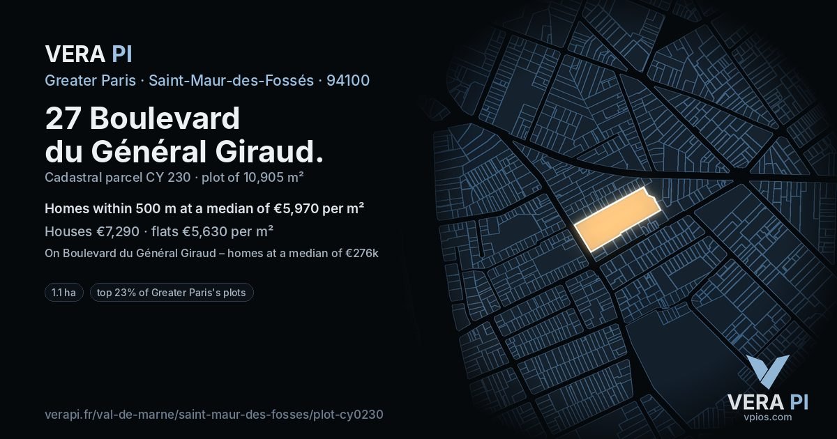 27 Boulevard du Général Giraud, Saint-Maur-des-Fossés at night – the plot lit, the parcels around coloured by the prices near them