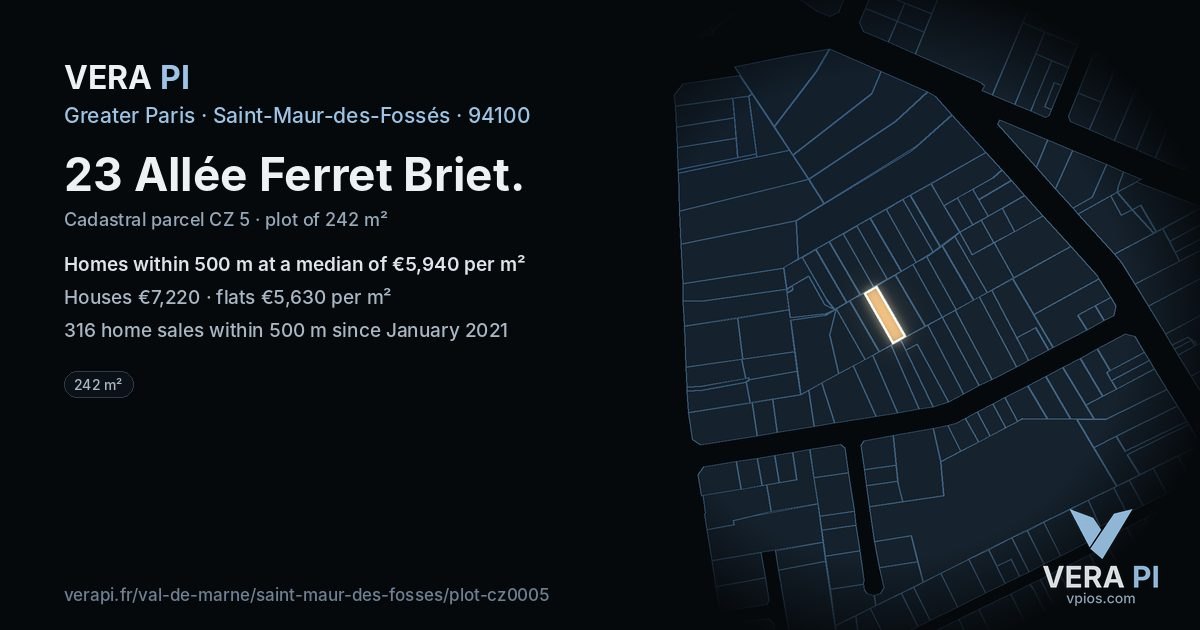 23 Allée Ferret Briet, Saint-Maur-des-Fossés at night – the plot lit, the parcels around coloured by the prices near them
