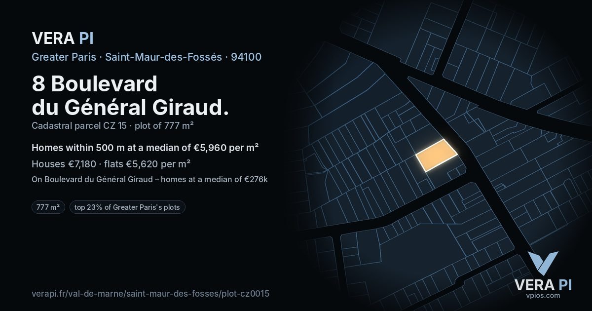 8 Boulevard du Général Giraud, Saint-Maur-des-Fossés at night – the plot lit, the parcels around coloured by the prices near them