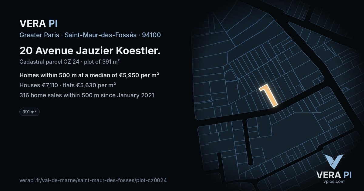 20 Avenue Jauzier Koestler, Saint-Maur-des-Fossés at night – the plot lit, the parcels around coloured by the prices near them