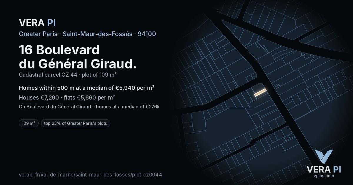 16 Boulevard du Général Giraud, Saint-Maur-des-Fossés at night – the plot lit, the parcels around coloured by the prices near them