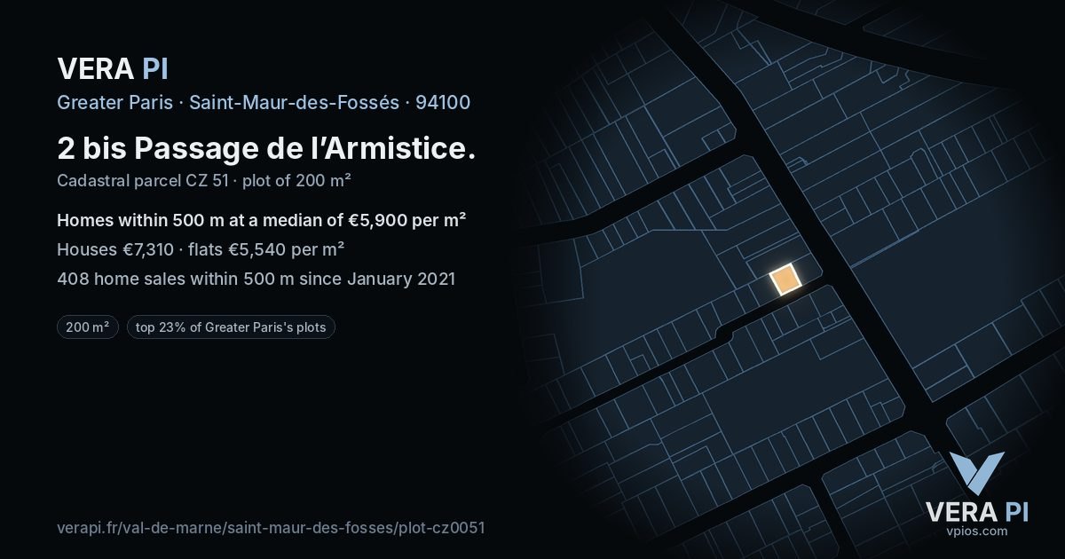 2 bis Passage de l’Armistice, Saint-Maur-des-Fossés at night – the plot lit, the parcels around coloured by the prices near them