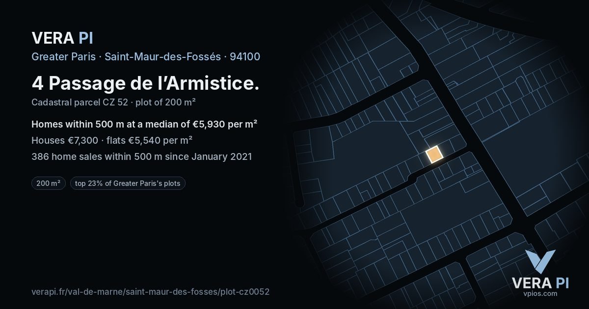 4 Passage de l’Armistice, Saint-Maur-des-Fossés at night – the plot lit, the parcels around coloured by the prices near them