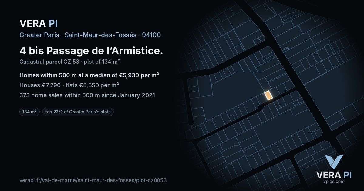 4 bis Passage de l’Armistice, Saint-Maur-des-Fossés at night – the plot lit, the parcels around coloured by the prices near them