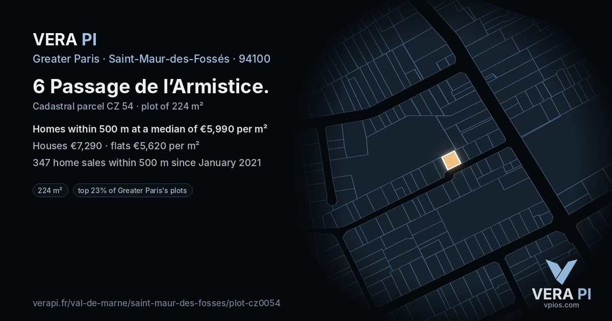 6 Passage de l’Armistice, Saint-Maur-des-Fossés at night – the plot lit, the parcels around coloured by the prices near them