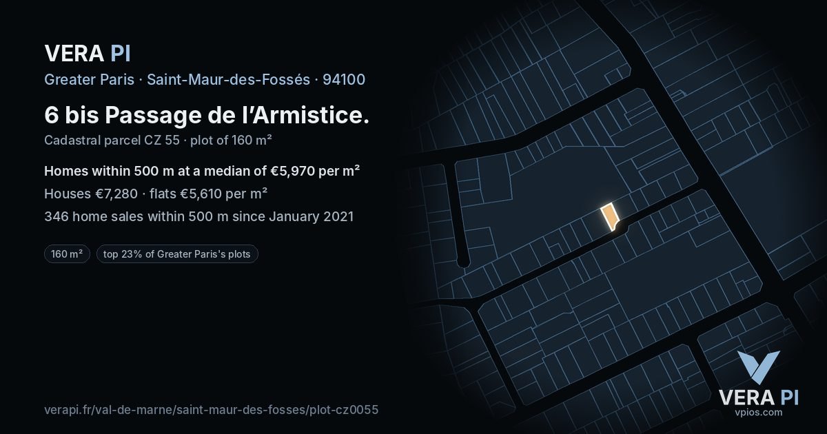 6 bis Passage de l’Armistice, Saint-Maur-des-Fossés at night – the plot lit, the parcels around coloured by the prices near them