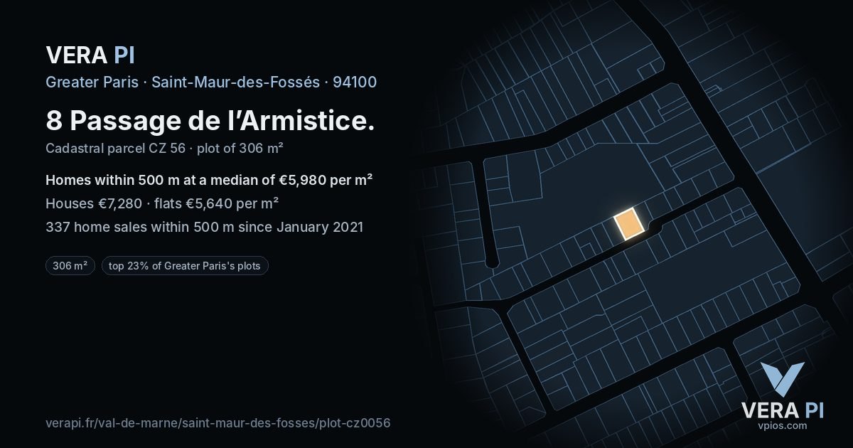 8 Passage de l’Armistice, Saint-Maur-des-Fossés at night – the plot lit, the parcels around coloured by the prices near them