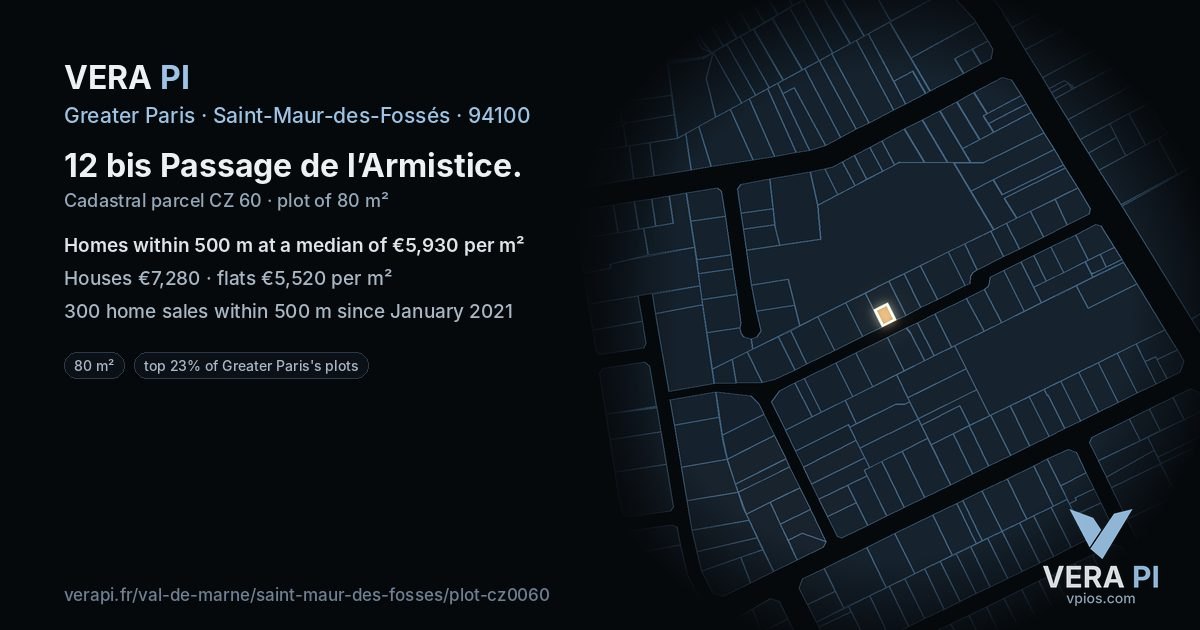 12 bis Passage de l’Armistice, Saint-Maur-des-Fossés at night – the plot lit, the parcels around coloured by the prices near them