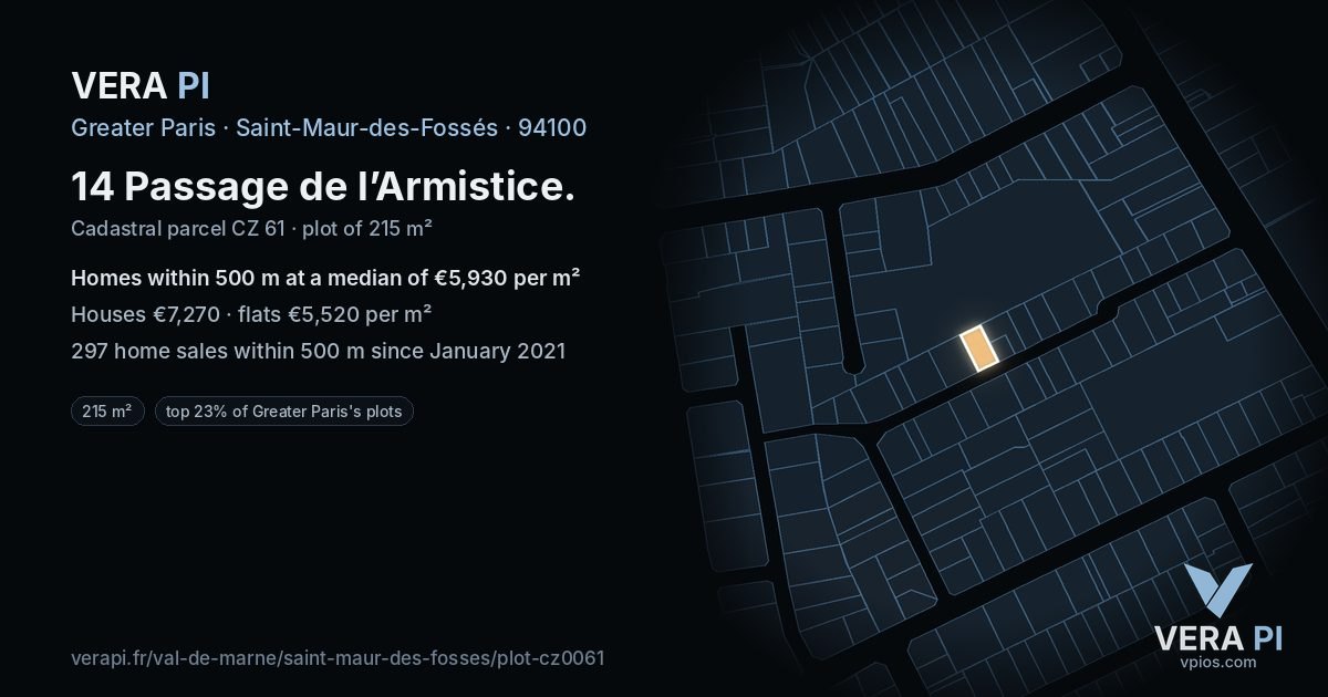 14 Passage de l’Armistice, Saint-Maur-des-Fossés at night – the plot lit, the parcels around coloured by the prices near them