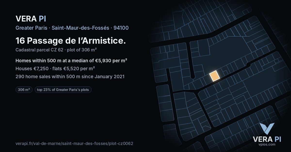 16 Passage de l’Armistice, Saint-Maur-des-Fossés at night – the plot lit, the parcels around coloured by the prices near them