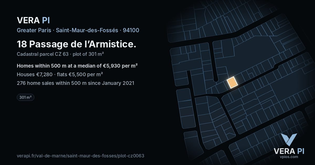 18 Passage de l’Armistice, Saint-Maur-des-Fossés at night – the plot lit, the parcels around coloured by the prices near them