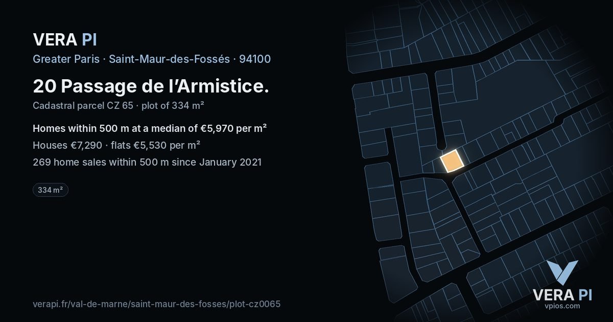 20 Passage de l’Armistice, Saint-Maur-des-Fossés at night – the plot lit, the parcels around coloured by the prices near them