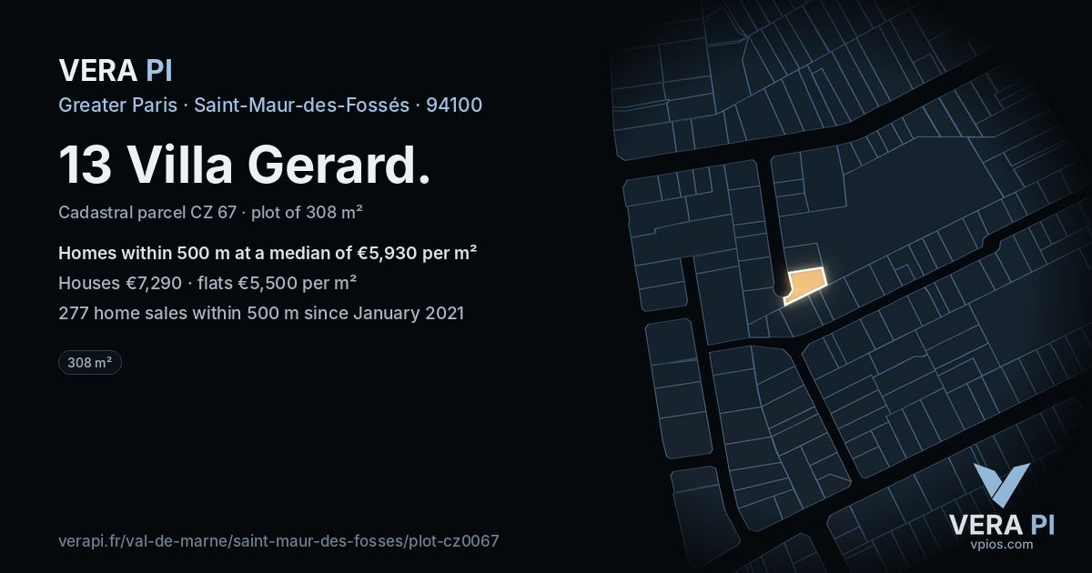 13 Villa Gerard, Saint-Maur-des-Fossés at night – the plot lit, the parcels around coloured by the prices near them