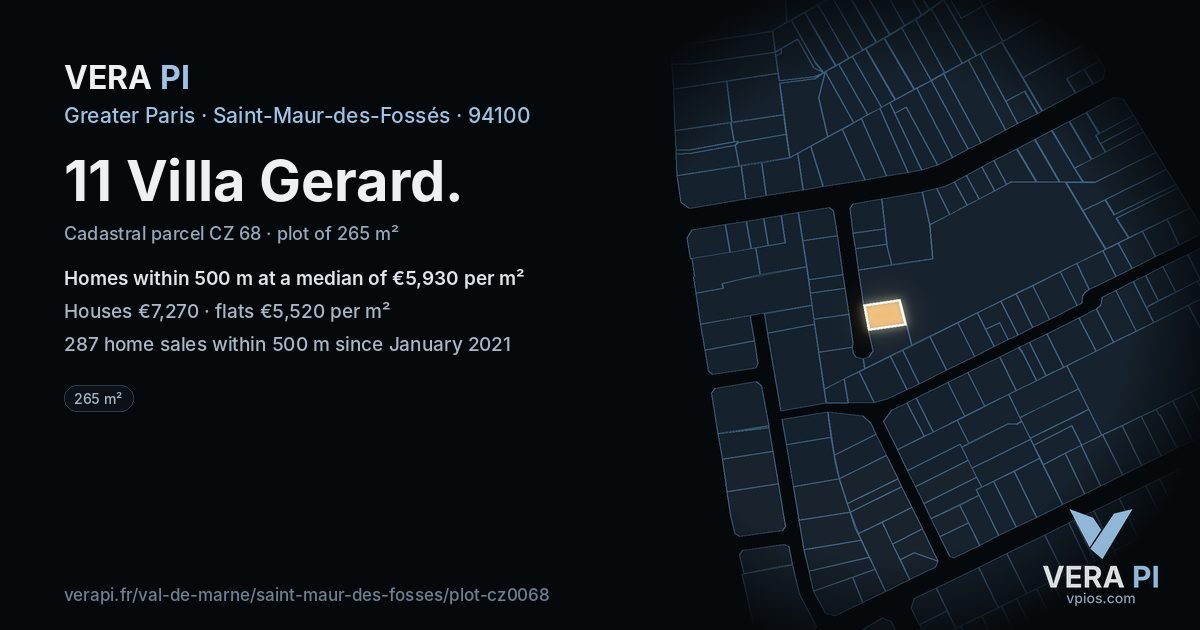 11 Villa Gerard, Saint-Maur-des-Fossés at night – the plot lit, the parcels around coloured by the prices near them