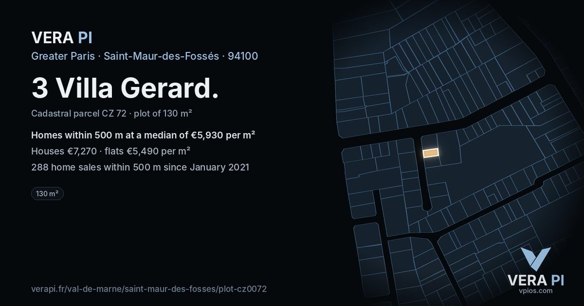 3 Villa Gerard, Saint-Maur-des-Fossés at night – the plot lit, the parcels around coloured by the prices near them