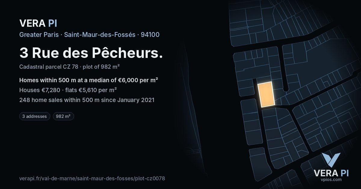 3 Rue des Pêcheurs, Saint-Maur-des-Fossés at night – the plot lit, the parcels around coloured by the prices near them