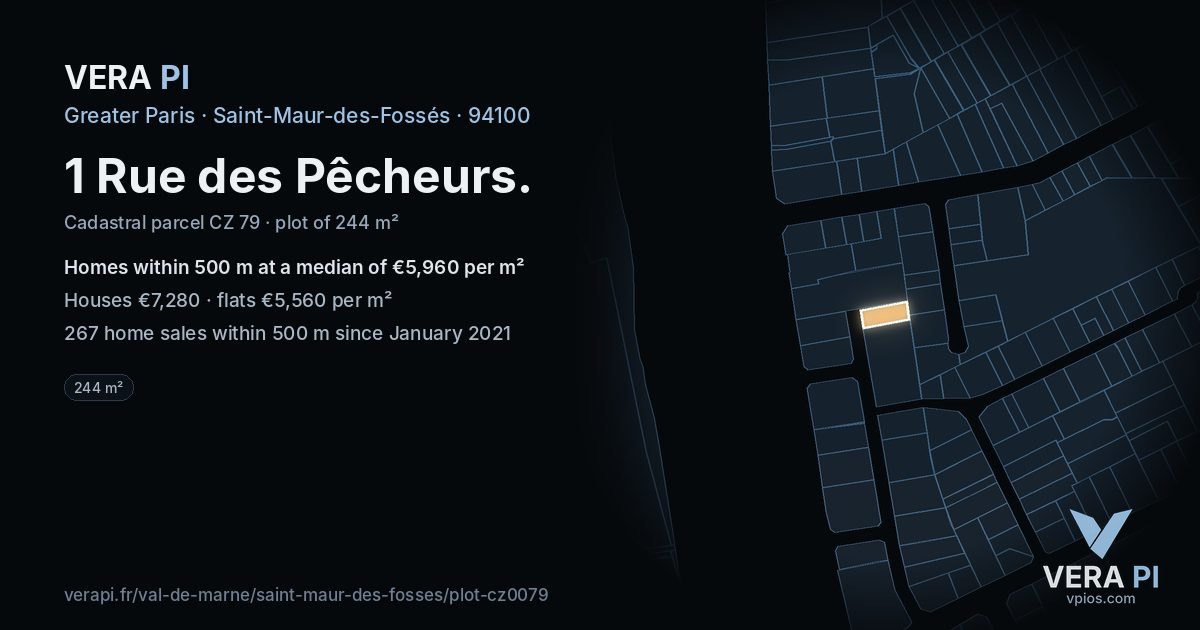 1 Rue des Pêcheurs, Saint-Maur-des-Fossés at night – the plot lit, the parcels around coloured by the prices near them