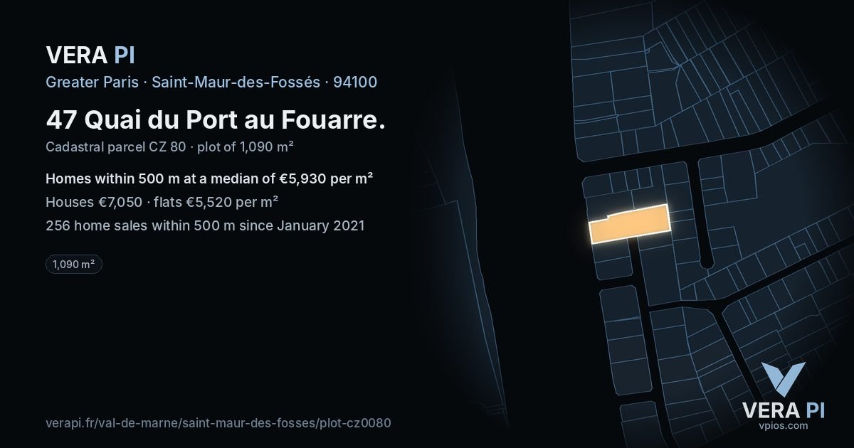 47 Quai du Port au Fouarre, Saint-Maur-des-Fossés at night – the plot lit, the parcels around coloured by the prices near them