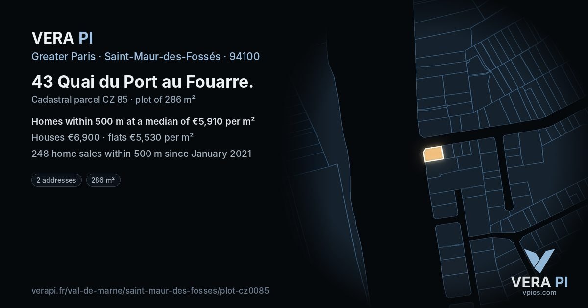 43 Quai du Port au Fouarre, Saint-Maur-des-Fossés at night – the plot lit, the parcels around coloured by the prices near them