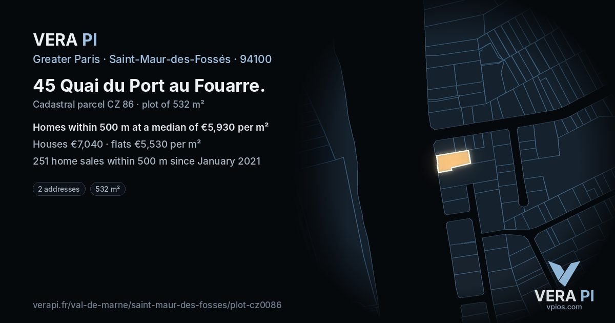 45 Quai du Port au Fouarre, Saint-Maur-des-Fossés at night – the plot lit, the parcels around coloured by the prices near them
