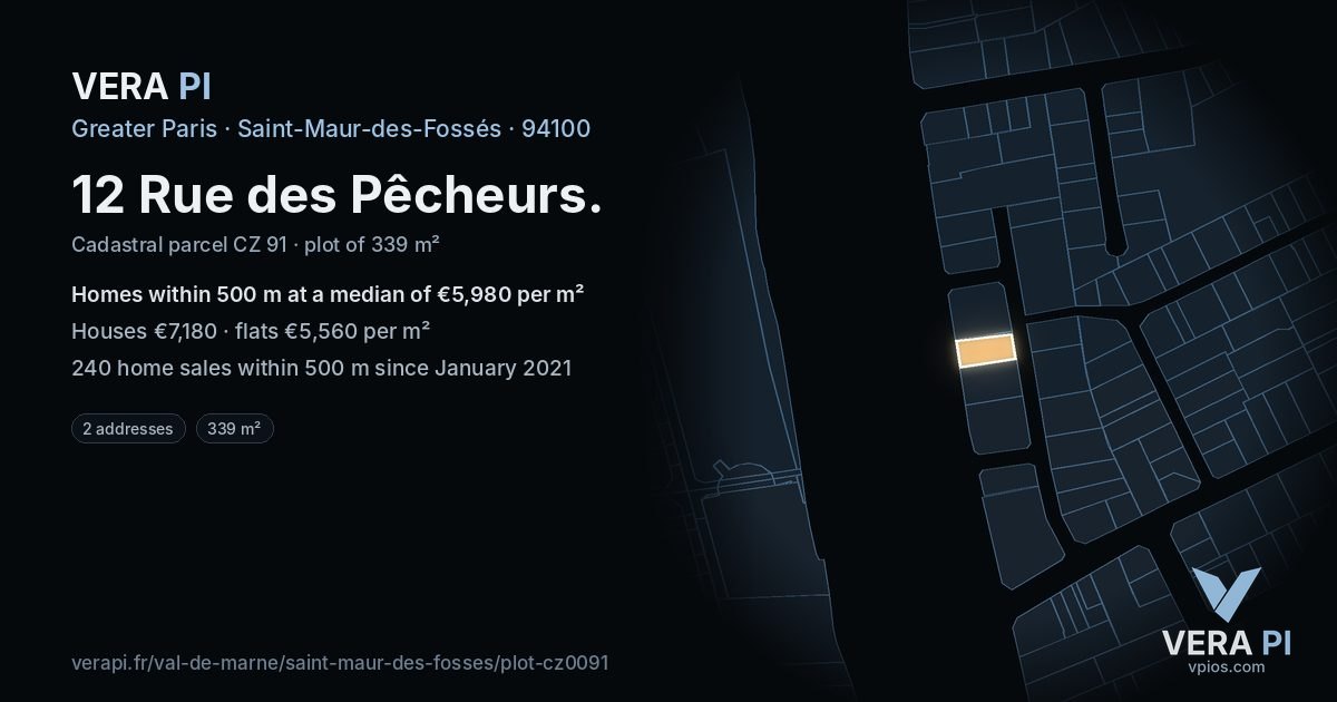 12 Rue des Pêcheurs, Saint-Maur-des-Fossés at night – the plot lit, the parcels around coloured by the prices near them
